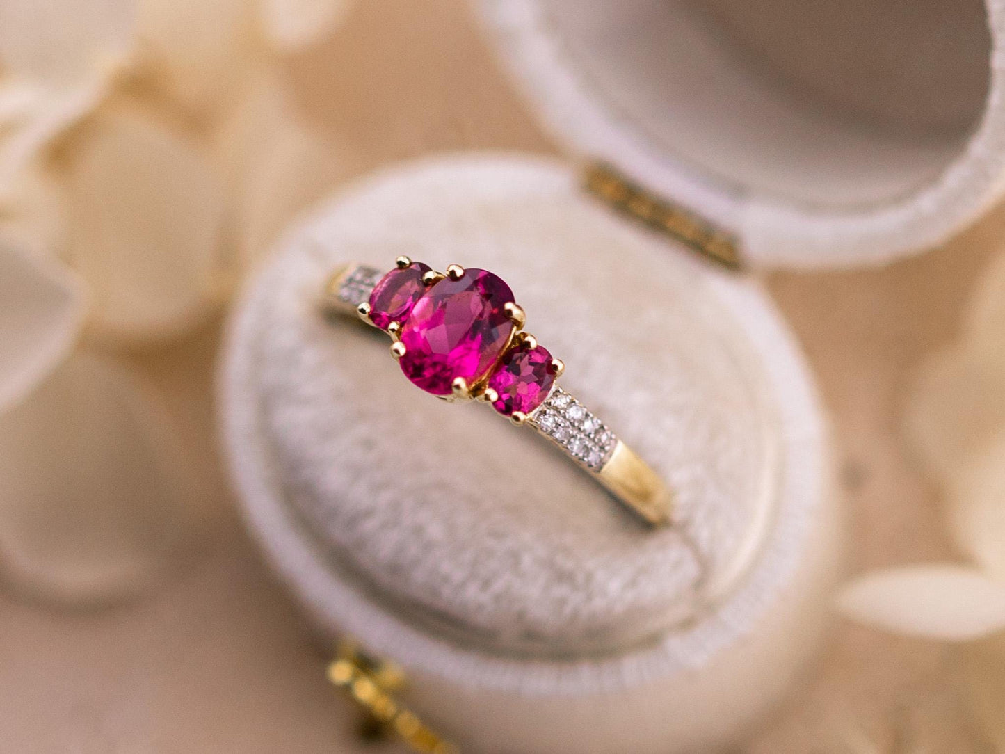 Vintage 14k Gold Rubellite and Diamond Three Stone Ring, Size 9
