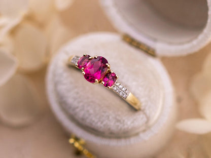 Vintage 14k Gold Rubellite and Diamond Three Stone Ring, Size 9