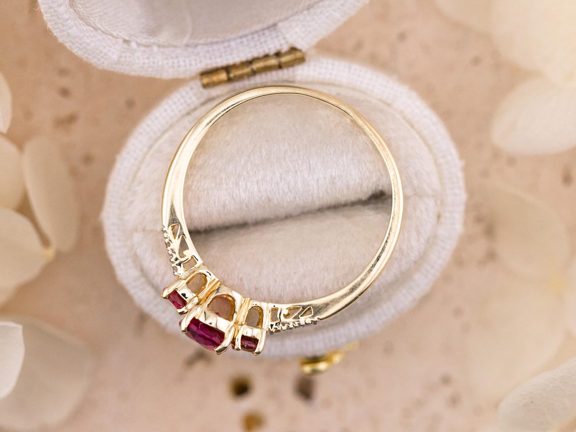 Vintage 14k Gold Rubellite and Diamond Three Stone Ring, Size 9