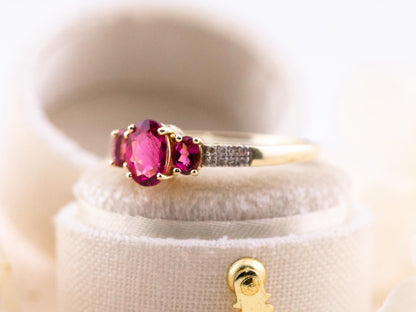 Vintage 14k Gold Rubellite and Diamond Three Stone Ring, Size 9