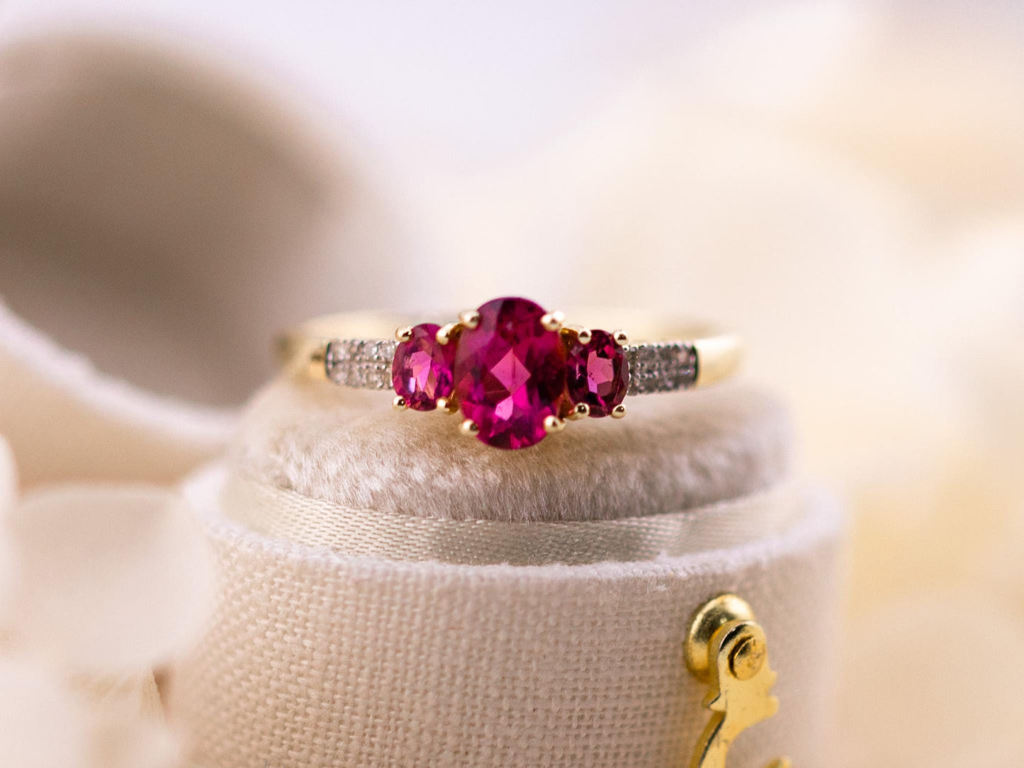 Vintage 14k Gold Rubellite and Diamond Three Stone Ring, Size 9