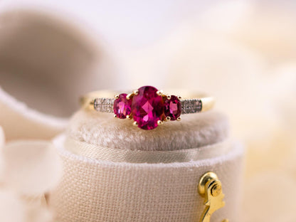Vintage 14k Gold Rubellite and Diamond Three Stone Ring, Size 9