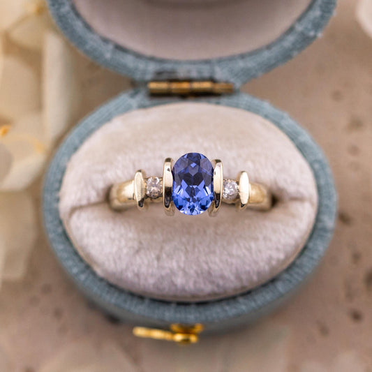 Sapphire and diamond ring three stone ring 9k solid white gold ring with lab grown ethical sapphire and natural diamonds, size 4.75