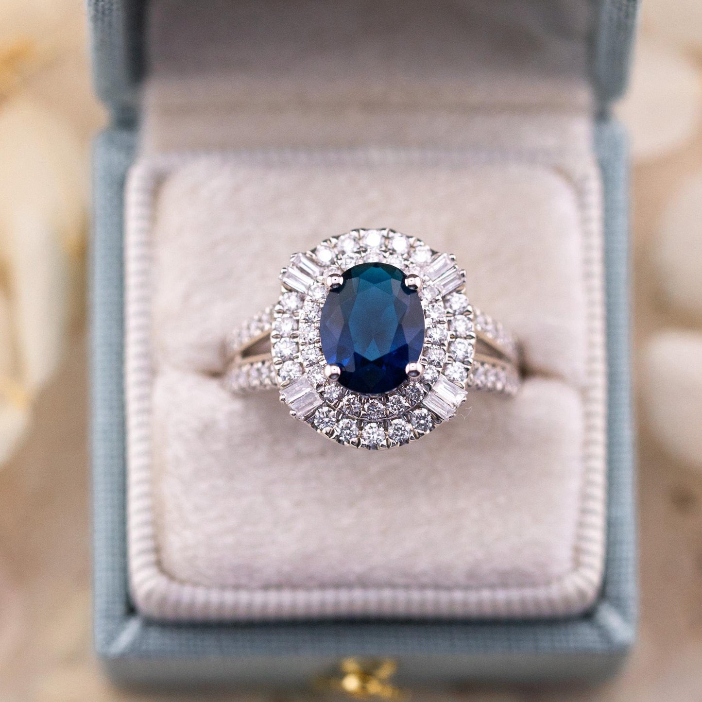 Vintage Oval Cut Sapphire Ring, Sterling Silver Diamond Halo, Size 7