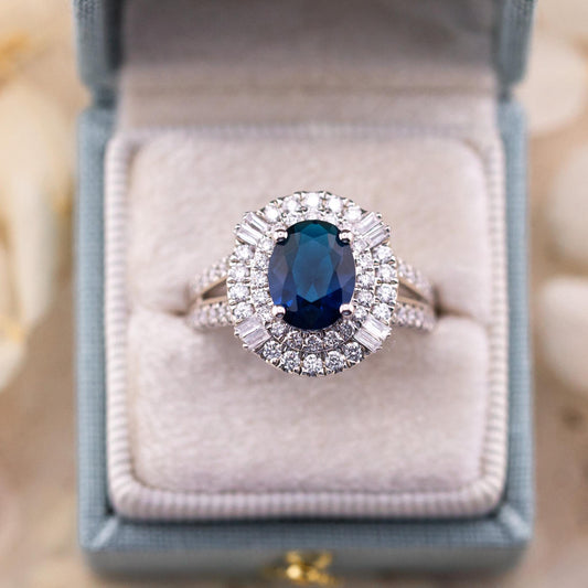 Vintage Oval Cut Sapphire Ring, Sterling Silver Diamond Halo, Size 7