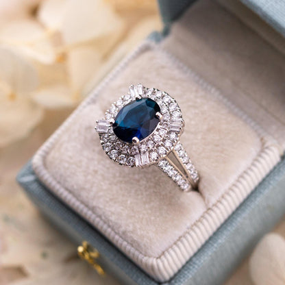 Vintage Oval Cut Sapphire Ring, Sterling Silver Diamond Halo, Size 7