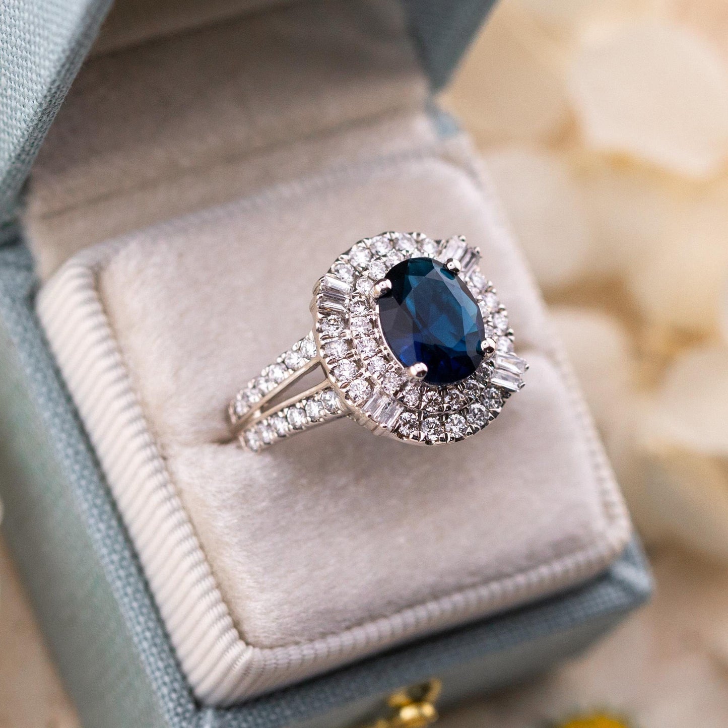 Vintage Oval Cut Sapphire Ring, Sterling Silver Diamond Halo, Size 7