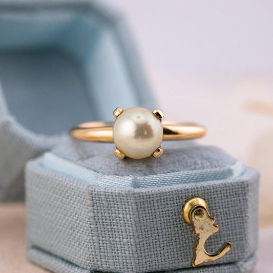 Vintage Cultured Pearl Ring, 14k Solid Gold, Size 8