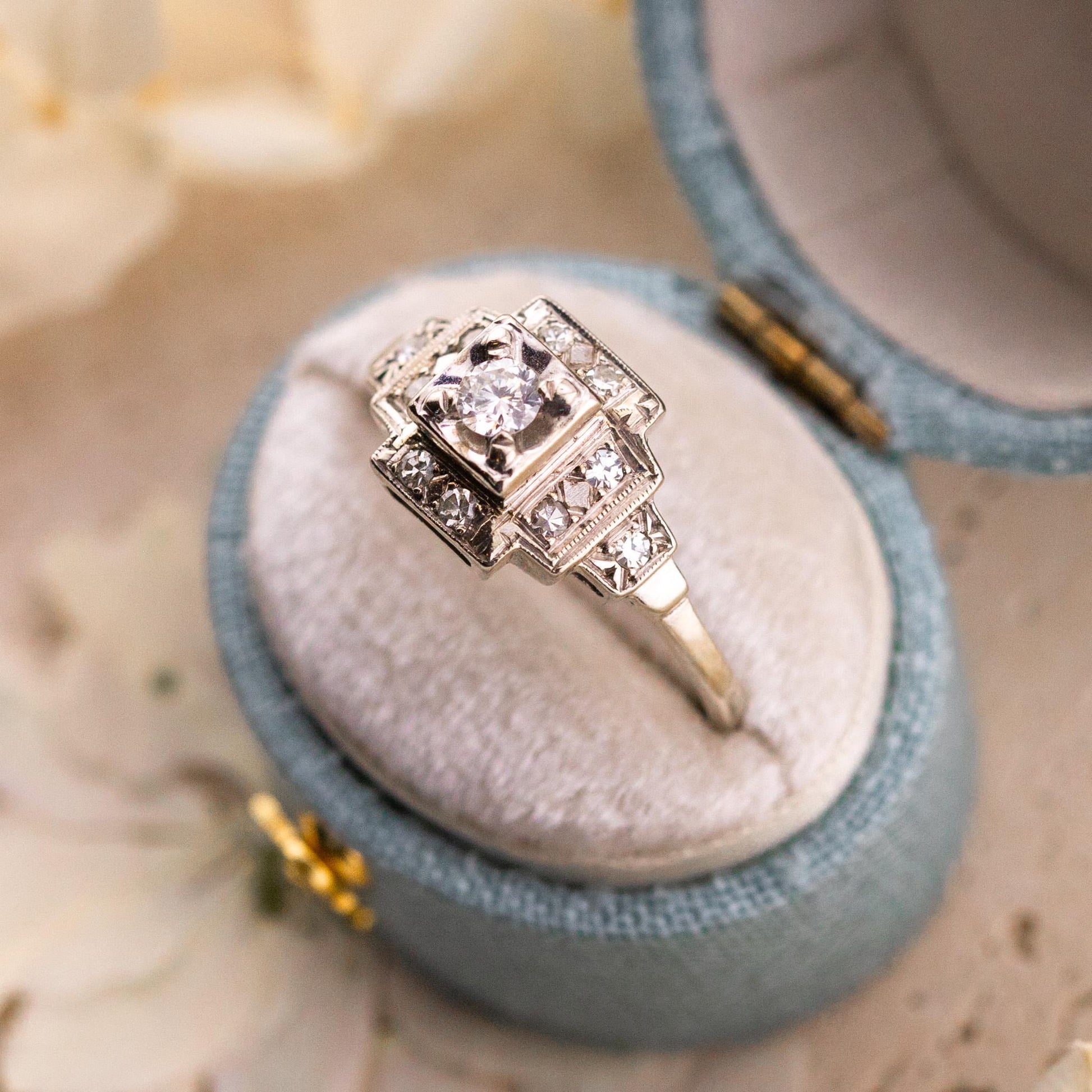 Vintage Art Deco Diamond Engagement Ring, 14k White Gold, Size 8.75