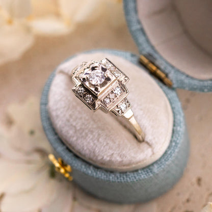 Vintage Art Deco Diamond Engagement Ring, 14k White Gold, Size 8.75
