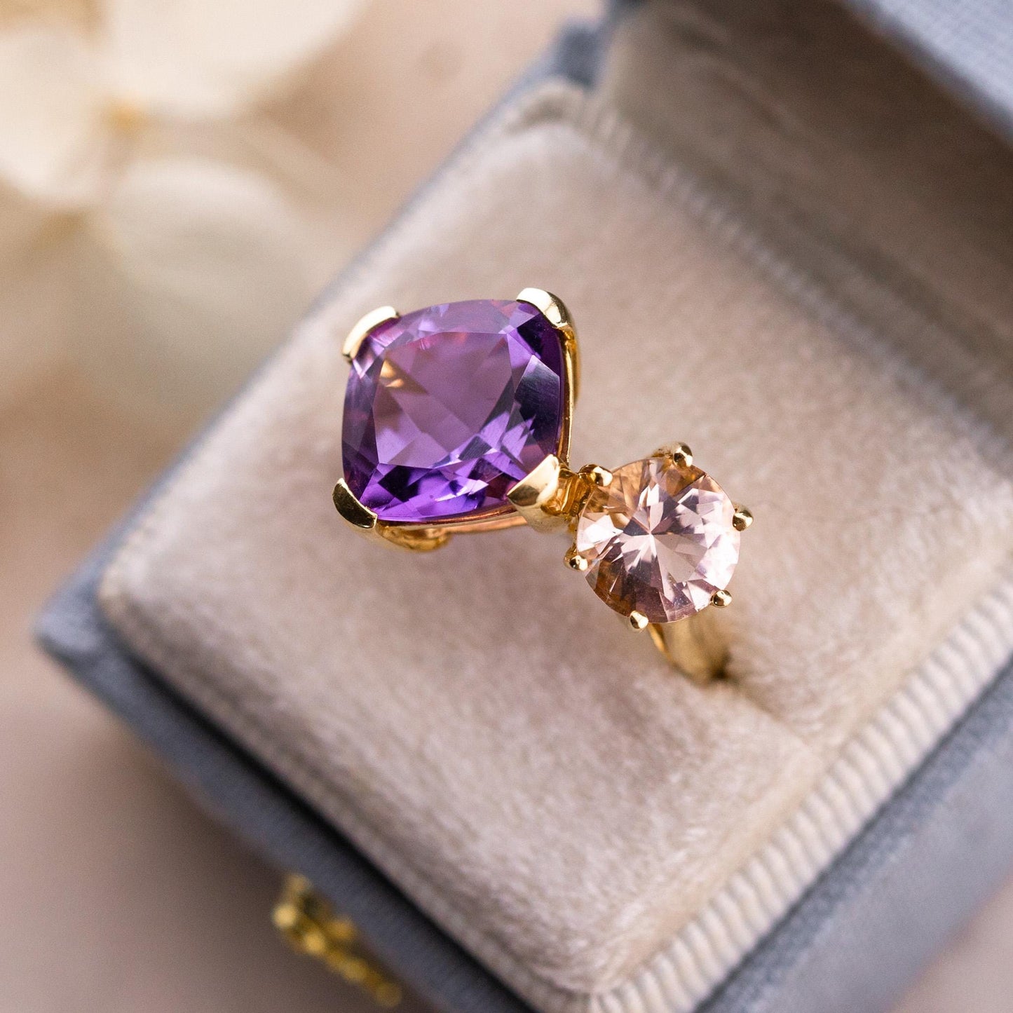 Vintage Toi Et Moi Ring Amethyst And Morganite 14k Solid Gold Antique Ring