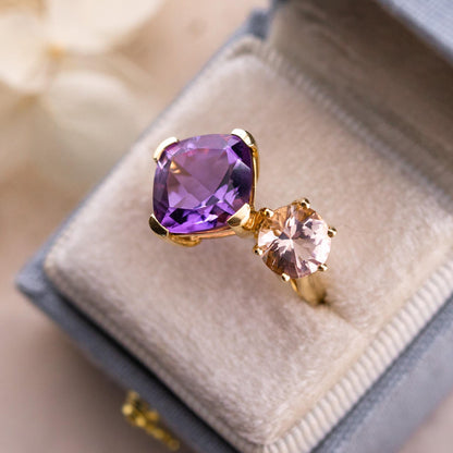 Vintage Toi Et Moi Ring Amethyst And Morganite 14k Solid Gold Antique Ring