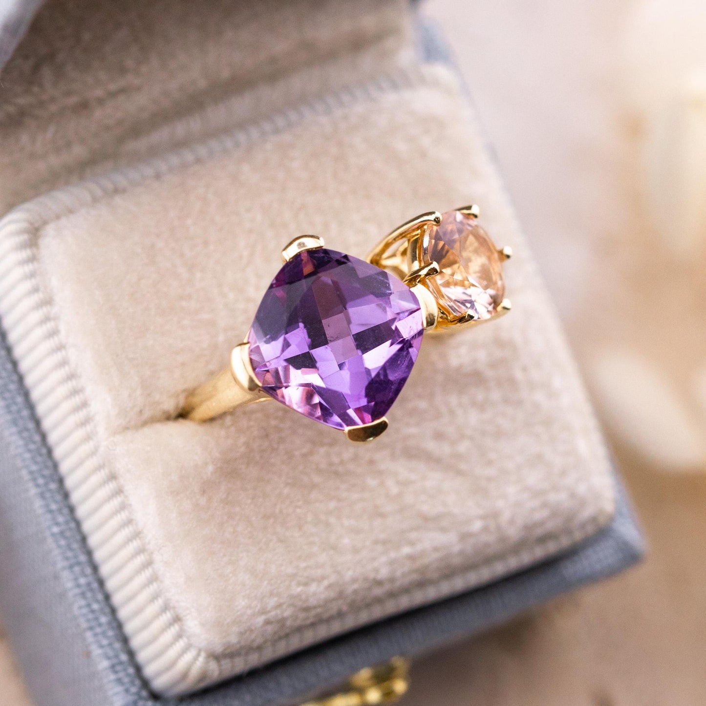 Vintage Toi Et Moi Ring Amethyst And Morganite 14k Solid Gold Antique Ring