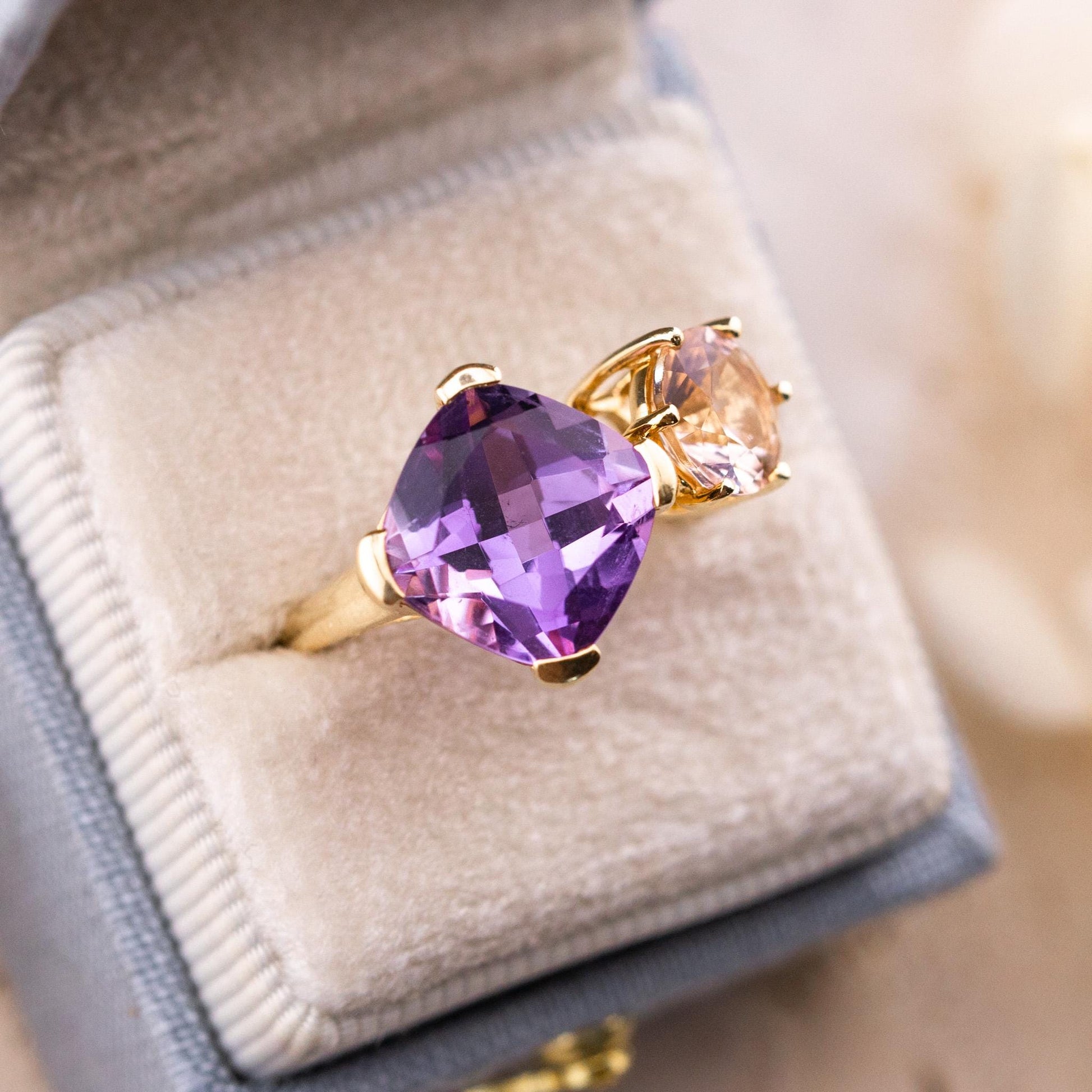 Vintage Toi Et Moi Ring Amethyst And Morganite 14k Solid Gold Antique Ring