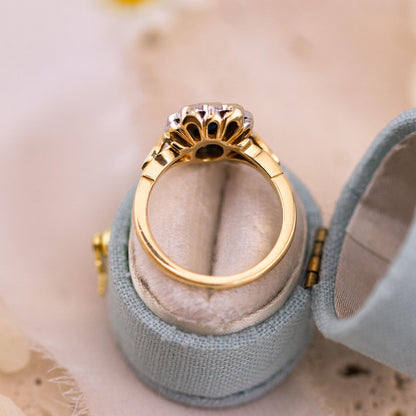 Vintage sapphire and diamond halo ring 14k solid gold, size 7.25