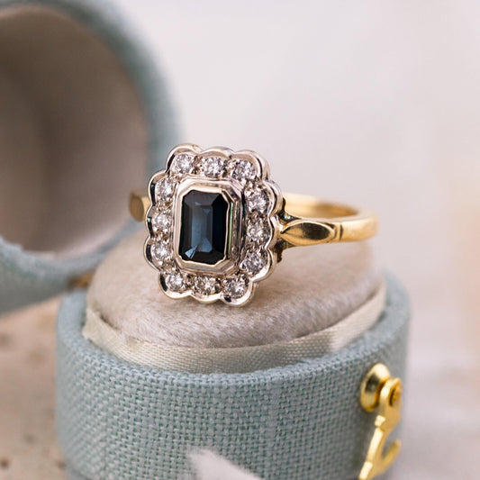 Vintage sapphire and diamond halo ring 14k solid gold, size 7.25