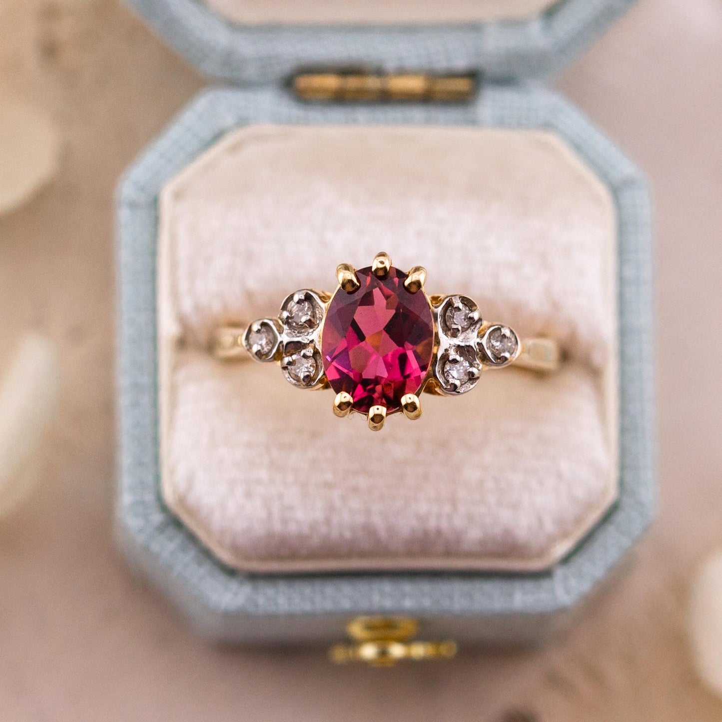 Vintage Rhodolite Garnet Ring: Art Deco 10k Yellow Gold with Diamond Accents, Size 6.25