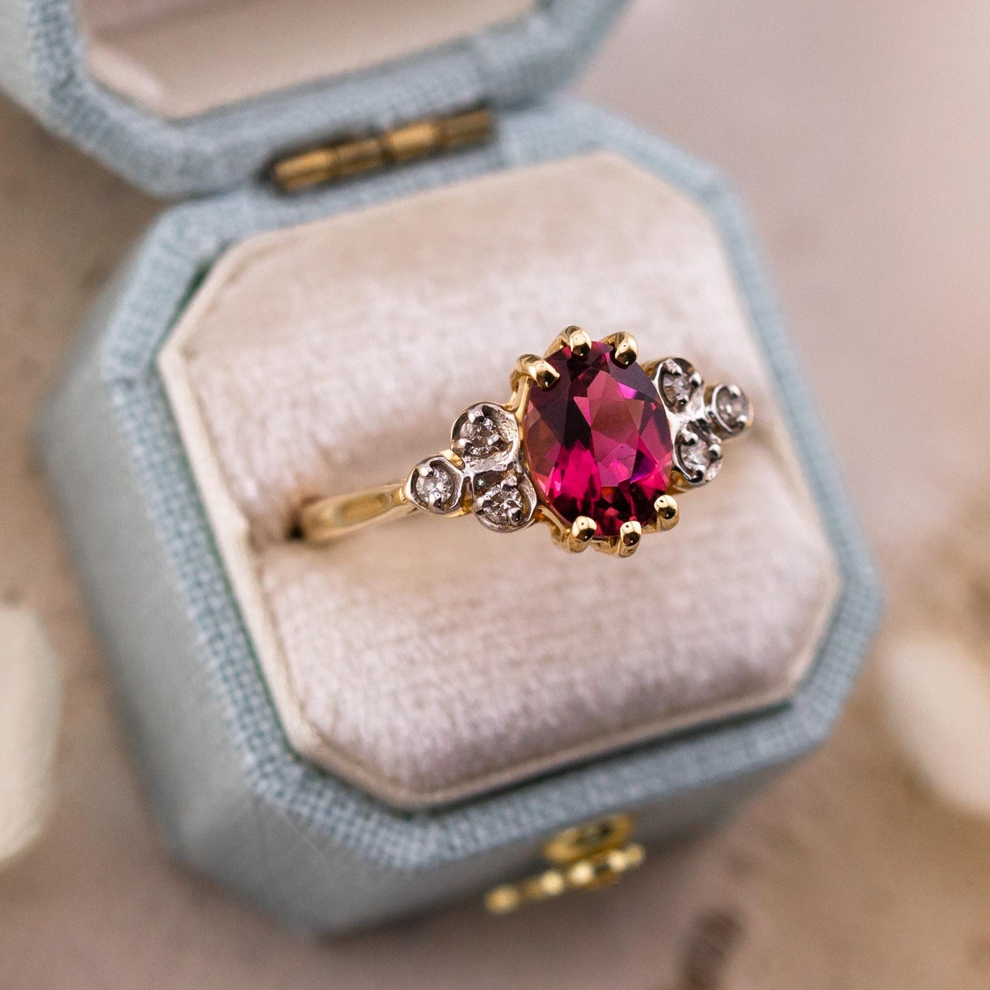 Vintage Rhodolite Garnet Ring: Art Deco 10k Yellow Gold with Diamond Accents, Size 6.25