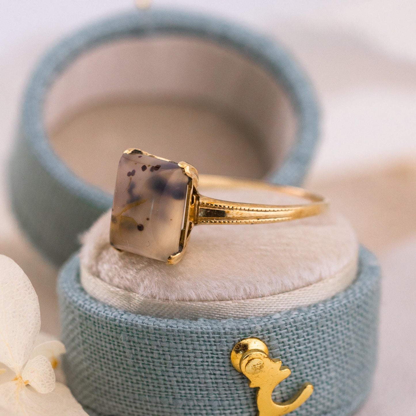 Vintage moss agate ring Edwardian solid yellow gold solitaire size 9