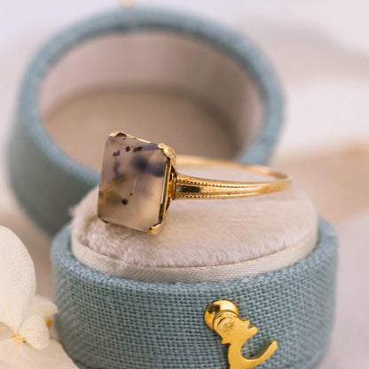 Vintage moss agate ring Edwardian solid yellow gold solitaire size 9