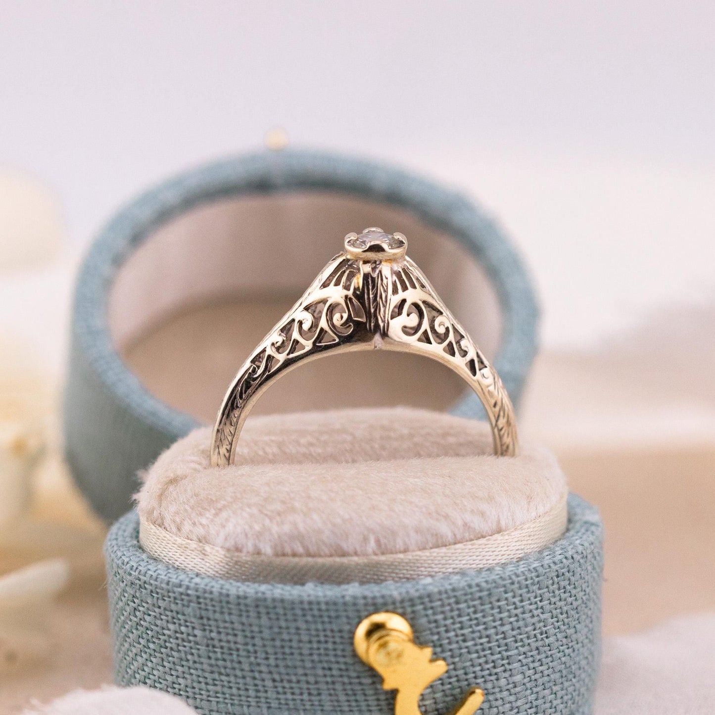 Vintage 14k Gold Diamond Engagement Ring, 1920s Art Deco Filigree