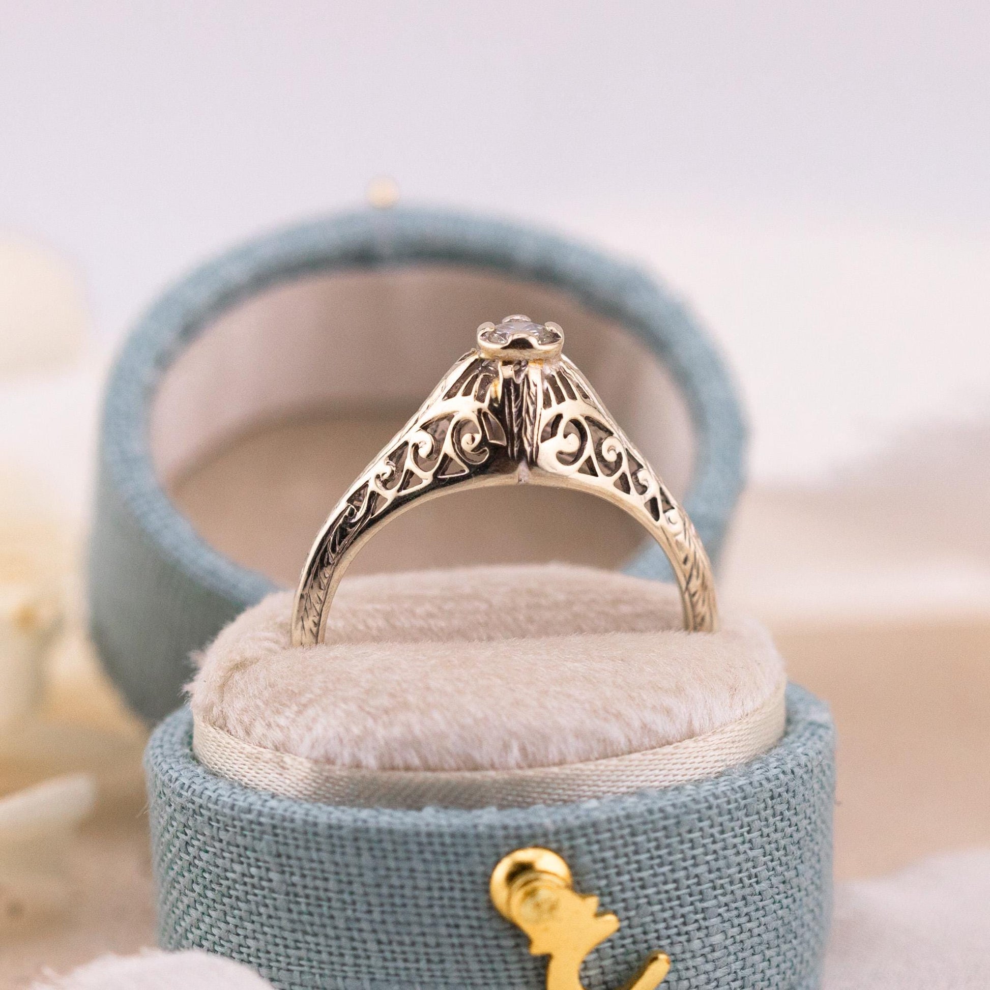 Vintage 14k Gold Diamond Engagement Ring, 1920s Art Deco Filigree
