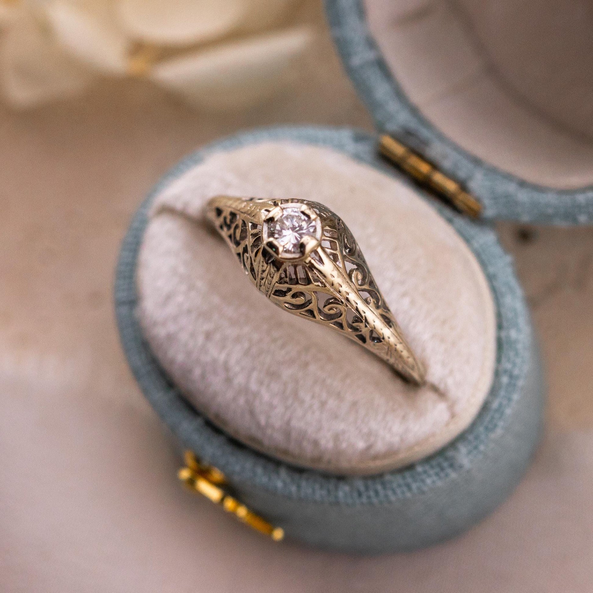 Vintage 14k Gold Diamond Engagement Ring, 1920s Art Deco Filigree