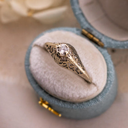 Vintage 14k Gold Diamond Engagement Ring, 1920s Art Deco Filigree