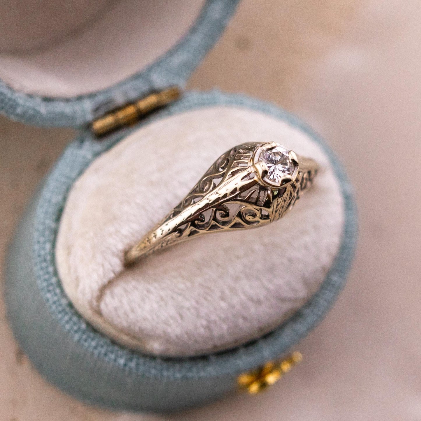Vintage 14k Gold Diamond Engagement Ring, 1920s Art Deco Filigree