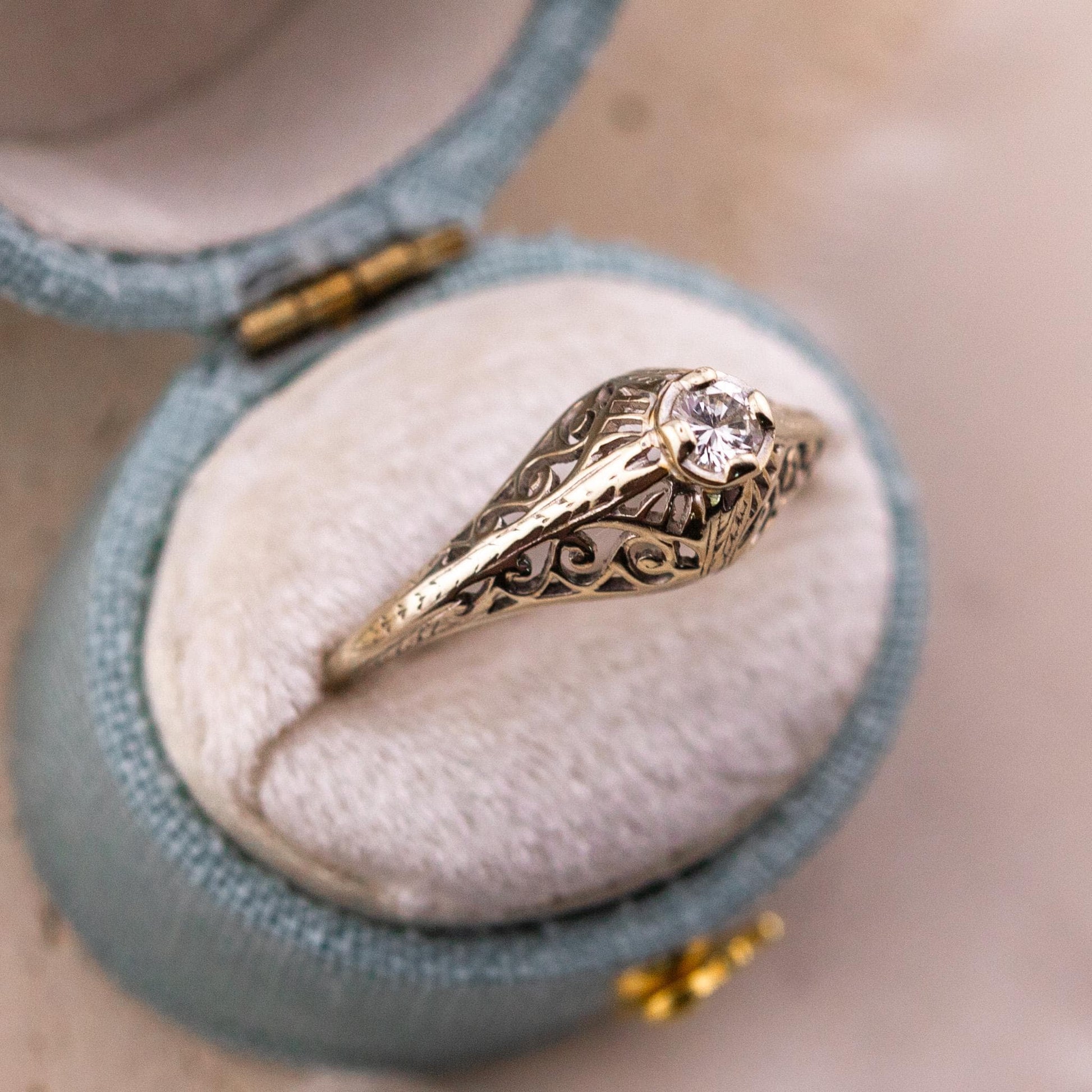 Vintage 14k Gold Diamond Engagement Ring, 1920s Art Deco Filigree