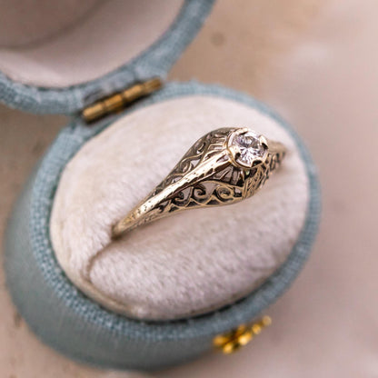 Vintage 14k Gold Diamond Engagement Ring, 1920s Art Deco Filigree