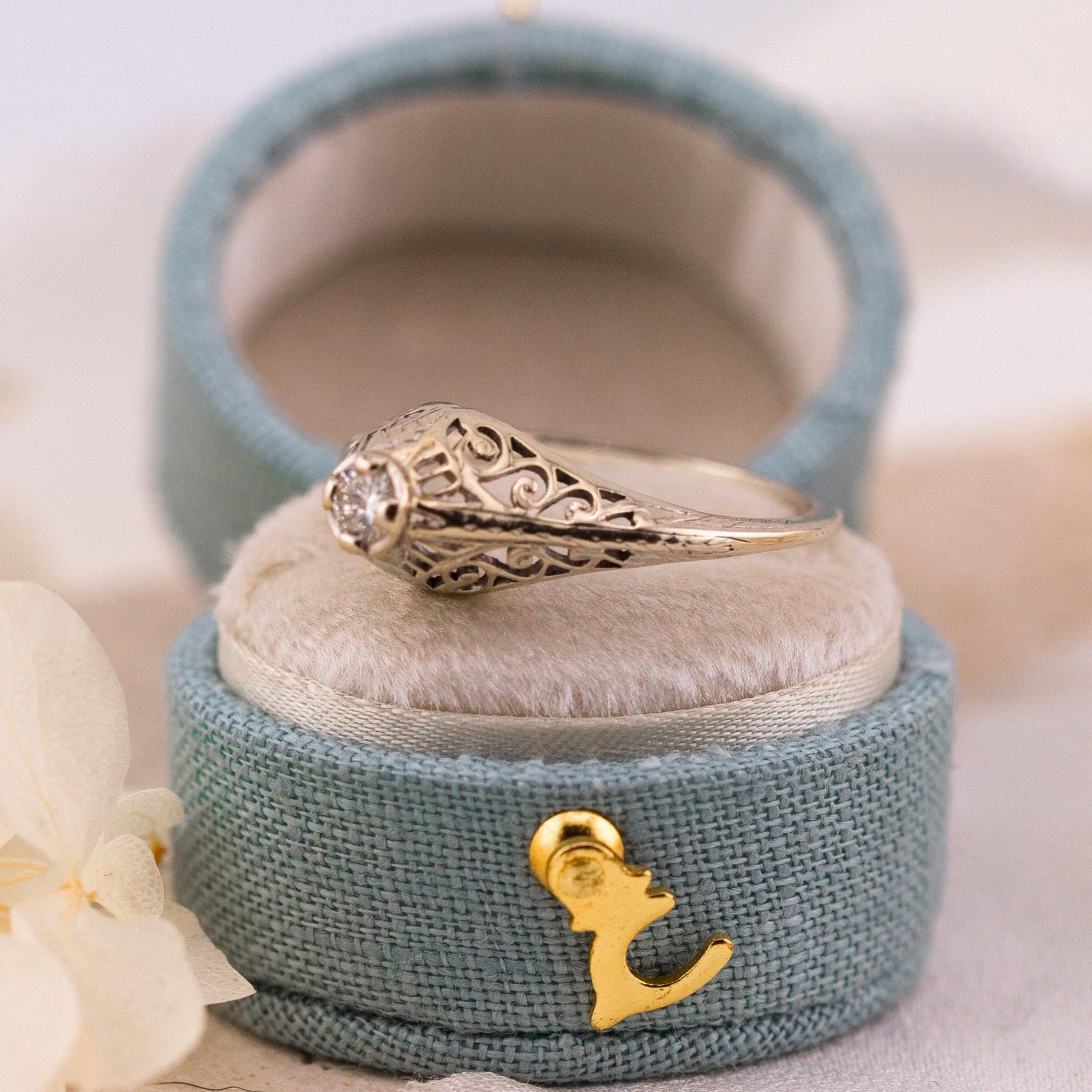Vintage 14k Gold Diamond Engagement Ring, 1920s Art Deco Filigree