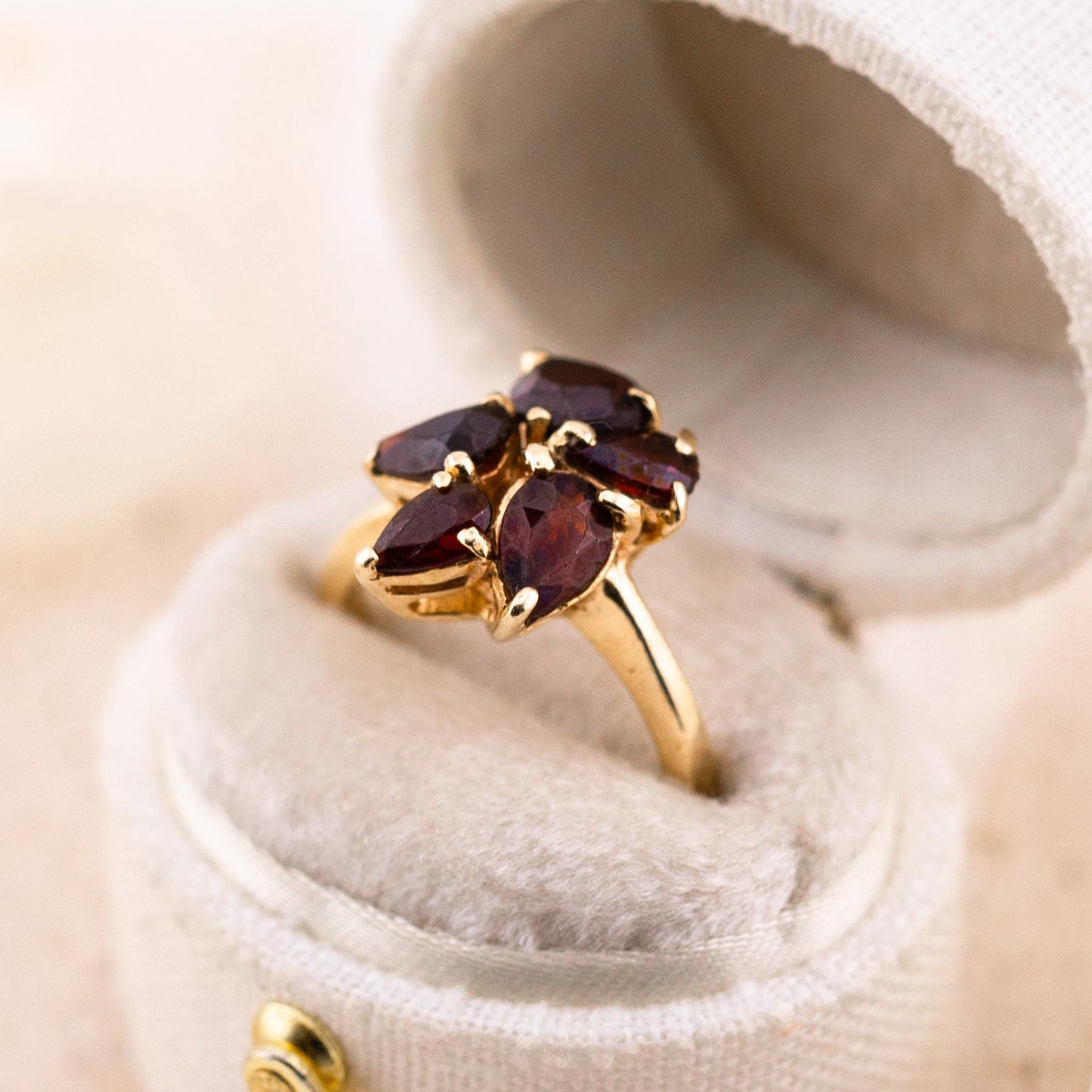 Vintage Garnet Flower Ring, 14k Solid Gold, January Birthstone, Size 3.5