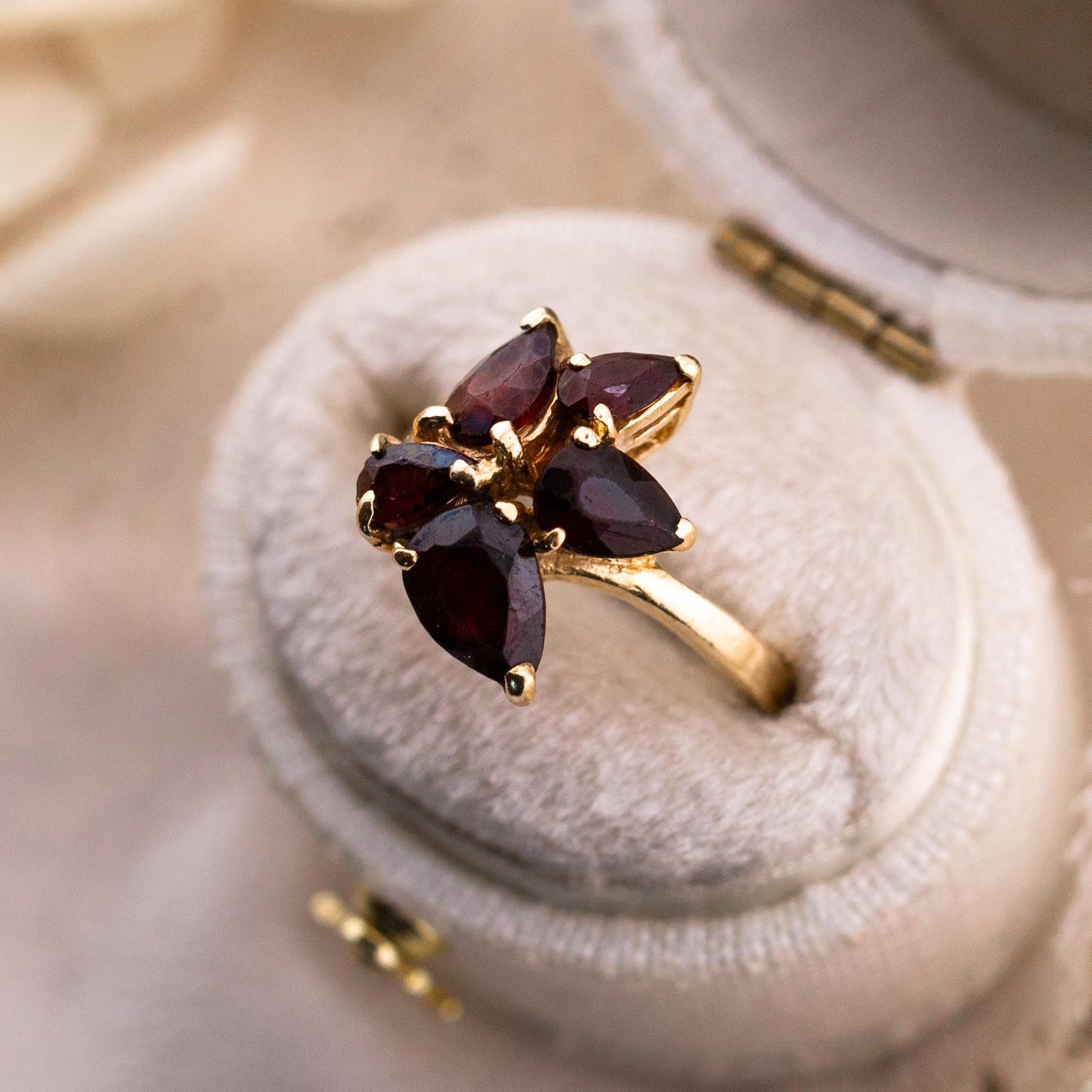 Vintage Garnet Flower Ring, 14k Solid Gold, January Birthstone, Size 3.5