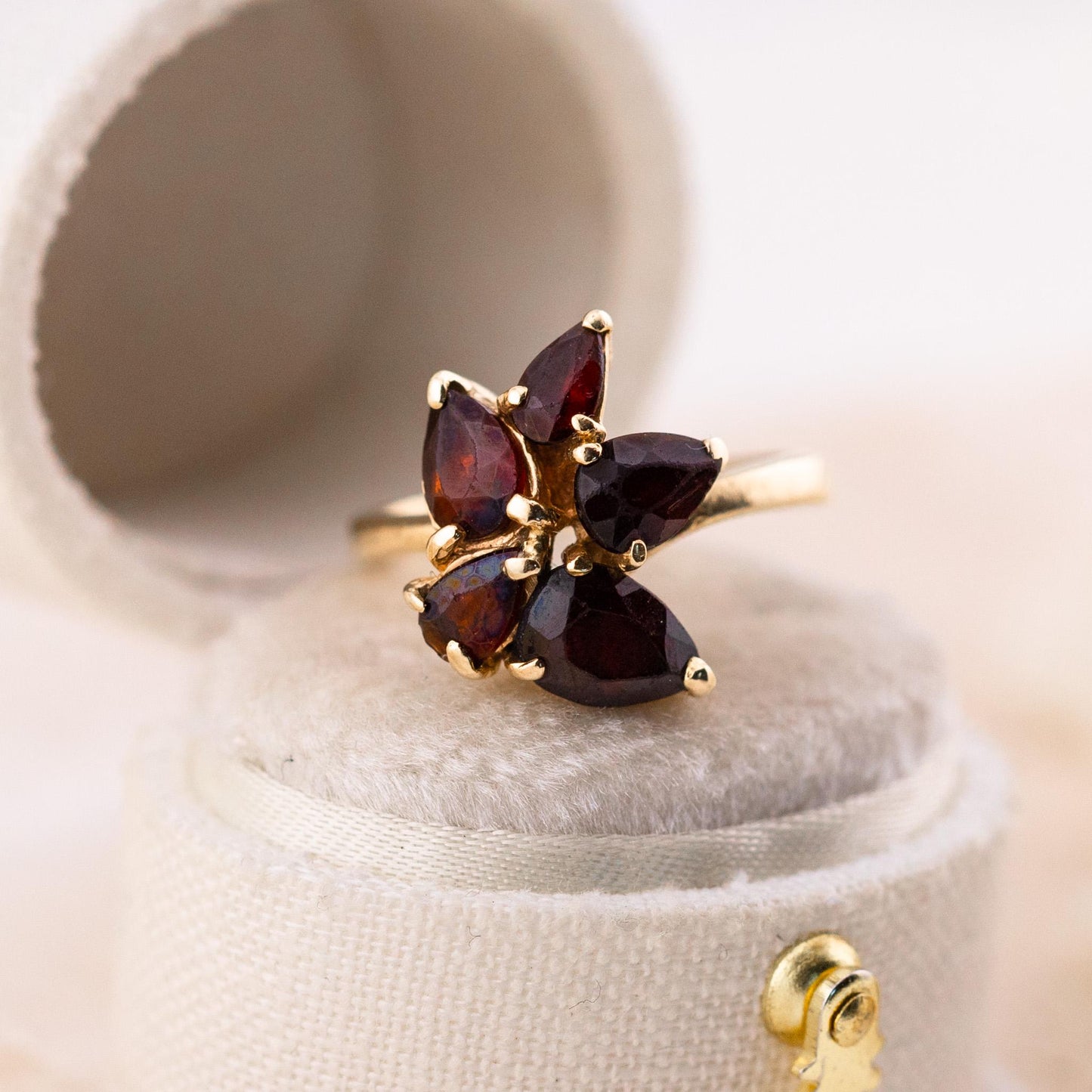 Vintage Garnet Flower Ring, 14k Solid Gold, January Birthstone, Size 3.5