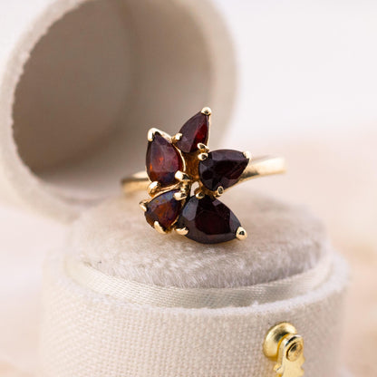 Vintage Garnet Flower Ring, 14k Solid Gold, January Birthstone, Size 3.5