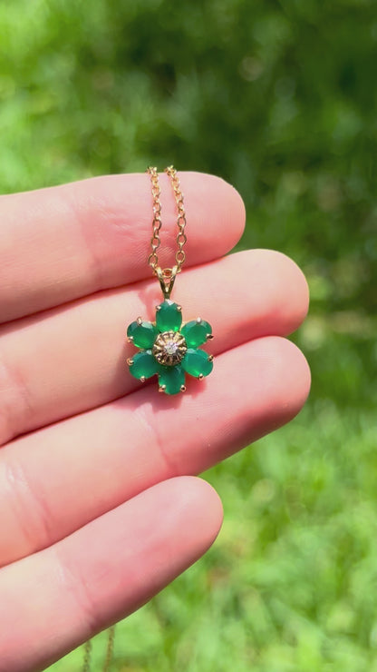 Green Agate and Diamond Floral Pendant, Gold Plated