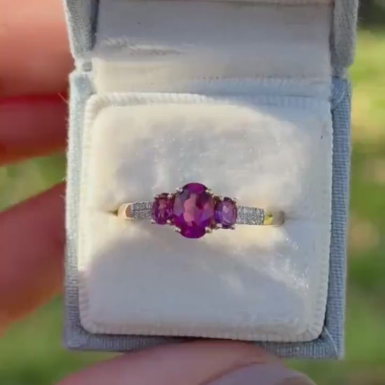 Vintage 14k Gold Rubellite and Diamond Three Stone Ring, Size 9