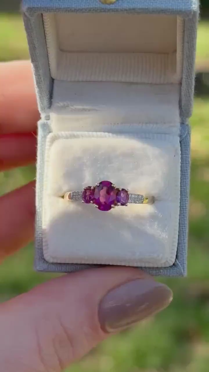 Vintage 14k Gold Rubellite and Diamond Three Stone Ring, Size 9