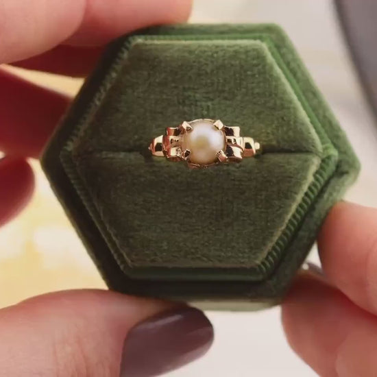 Vintage pearl ring 14k solid yellow gold statement or engagement ring genuine antique ring vintage ring, size 5