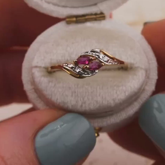 Vintage ruby and diamond ring bypass marquise cut ring 10k solid yellow gold with diamond accents antique ring, size 7