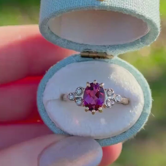 Vintage Rhodolite Garnet Ring: Art Deco 10k Yellow Gold with Diamond Accents, Size 6.25