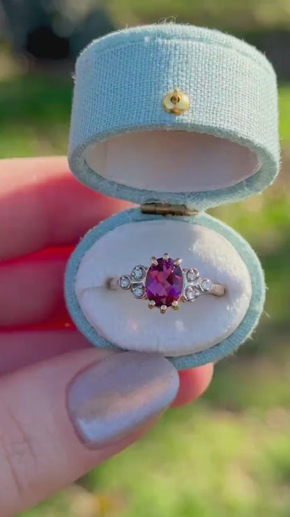 Vintage Rhodolite Garnet Ring: Art Deco 10k Yellow Gold with Diamond Accents, Size 6.25