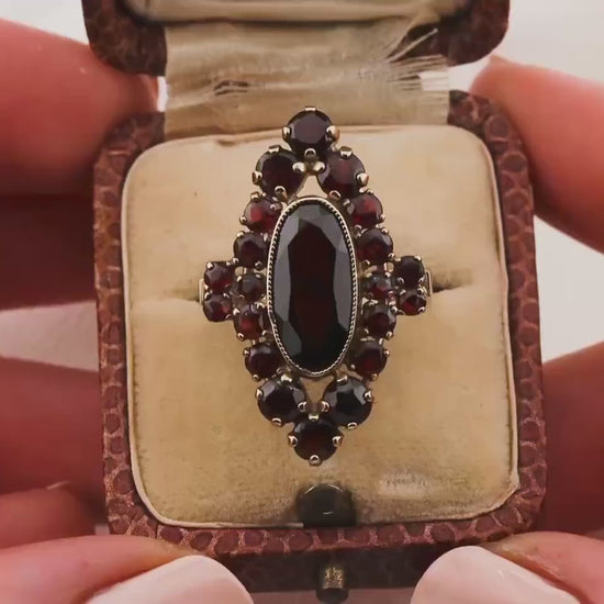 Vintage Garnet Ring 8k solid yellow gold marquise oval garnet halo ring January birthstone ring art deco ring, Size 8