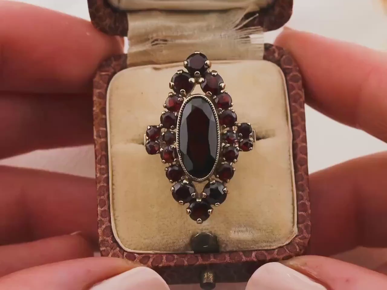 Vintage Garnet Ring 8k solid yellow gold marquise oval garnet halo ring January birthstone ring art deco ring, Size 8