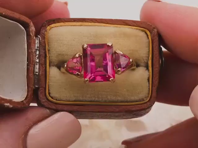 Vintage pink topaz ring emerald cut three stone ring 10k solid yellow gold ring, size 7.25