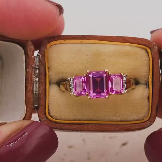 Vintage pink sapphire ring emerald cut three stone sapphire ring 10k solid yellow gold lab grown ethical pink sapphires, size 7
