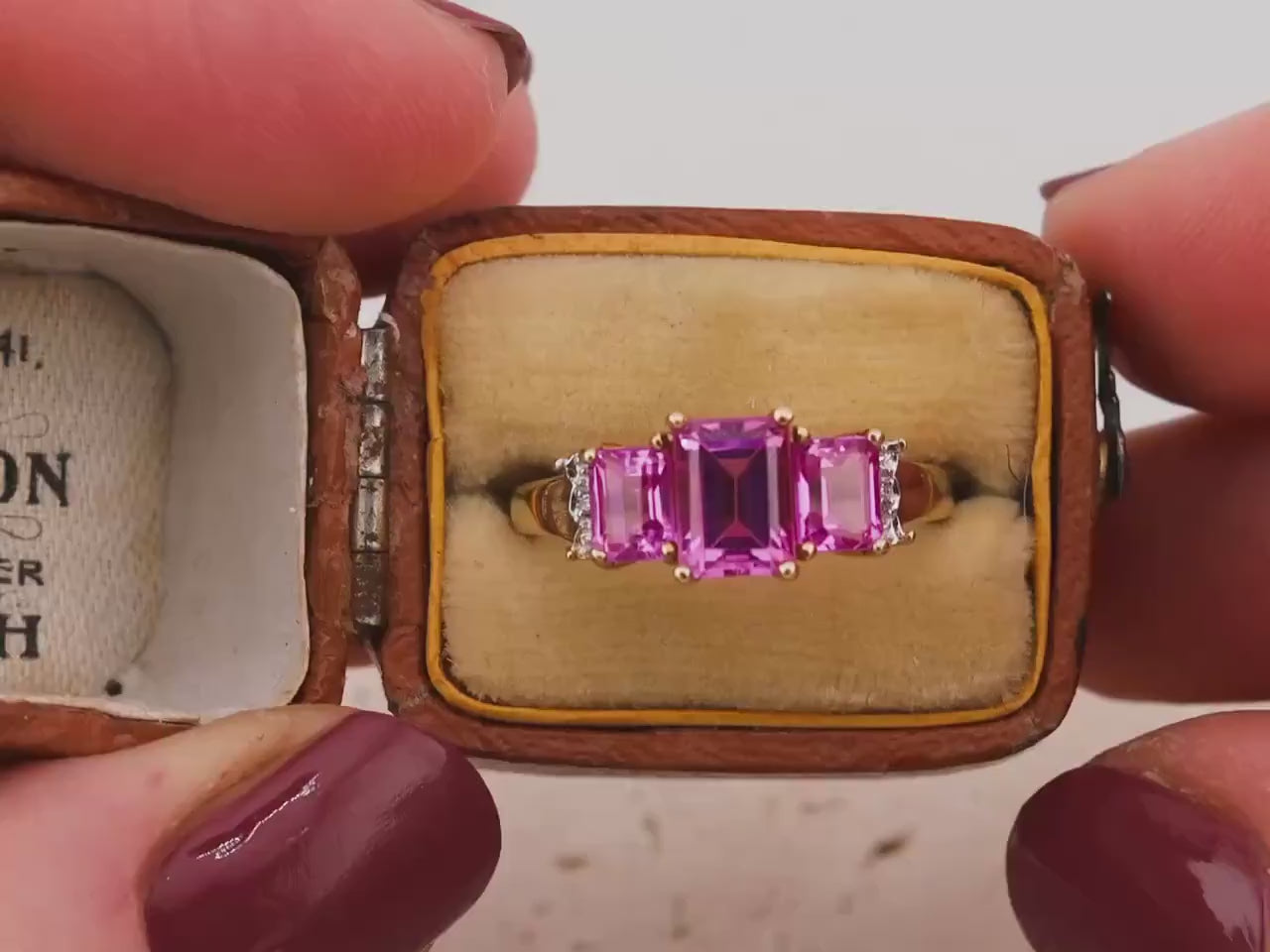 Vintage pink sapphire ring emerald cut three stone sapphire ring 10k solid yellow gold lab grown ethical pink sapphires, size 7