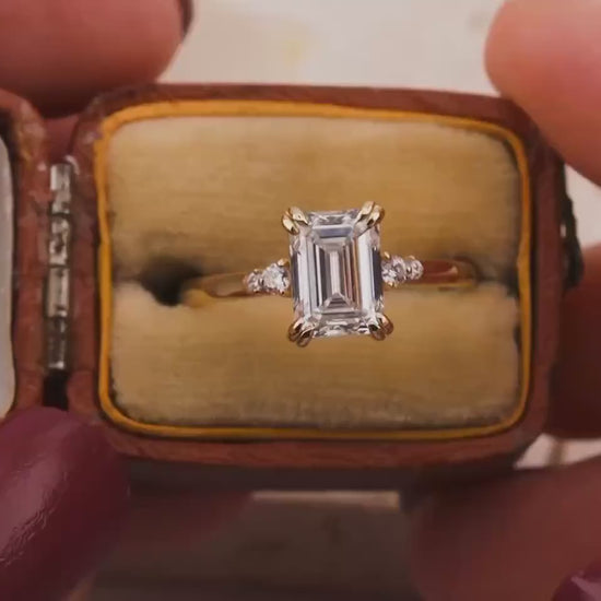 Emerald cut engagement ring with side stones and double claw prongs 14k solid gold lab grown ethical diamonds or moissanite IGI certified