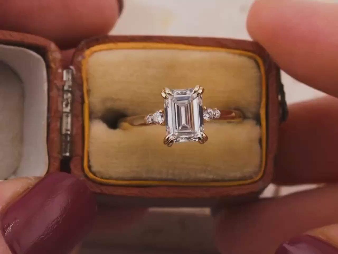 Emerald cut engagement ring with side stones and double claw prongs 14k solid gold lab grown ethical diamonds or moissanite IGI certified